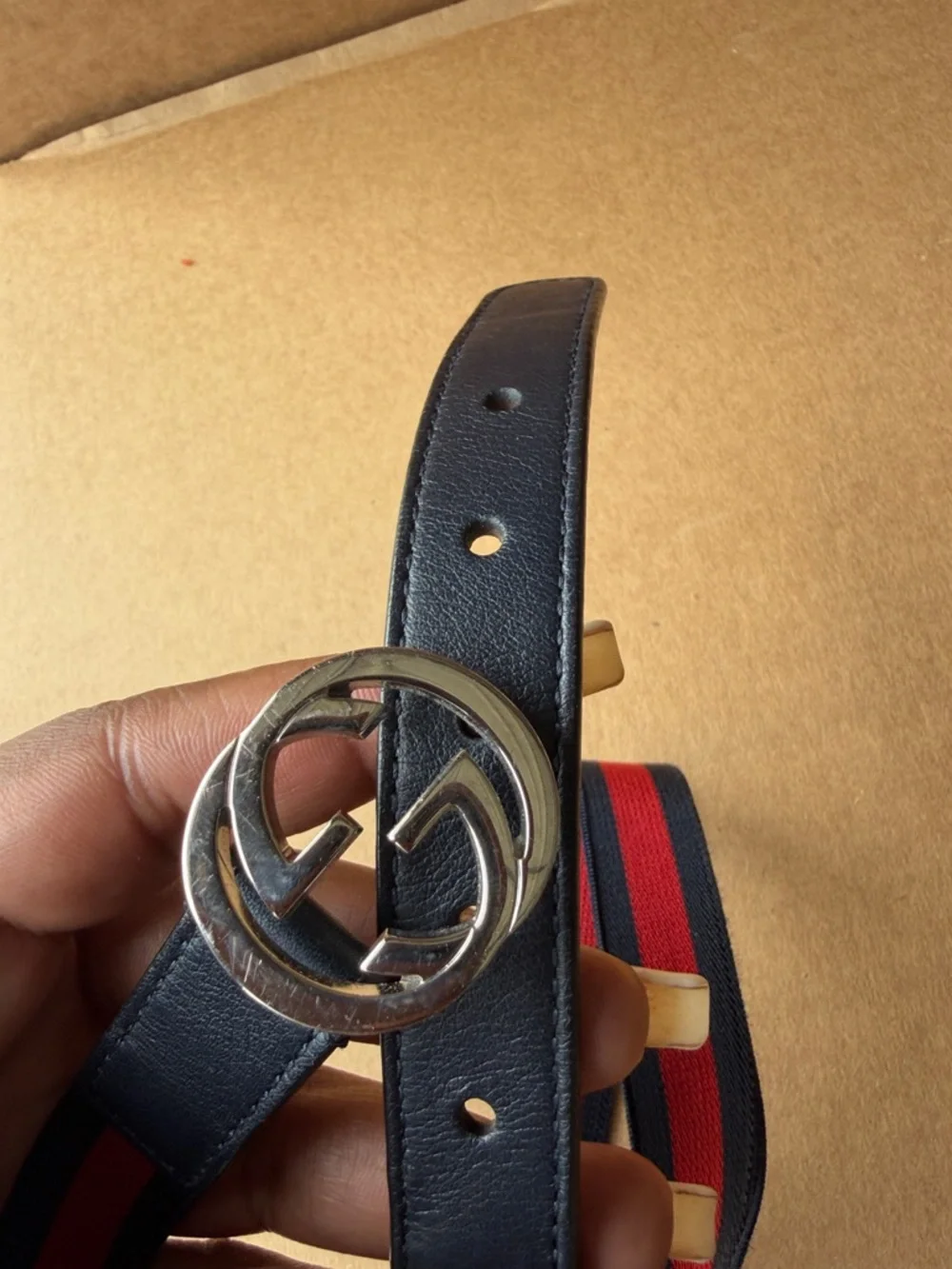 Gucci Black Leather & Red Navy Stripe Belt with Silver Interlocking G